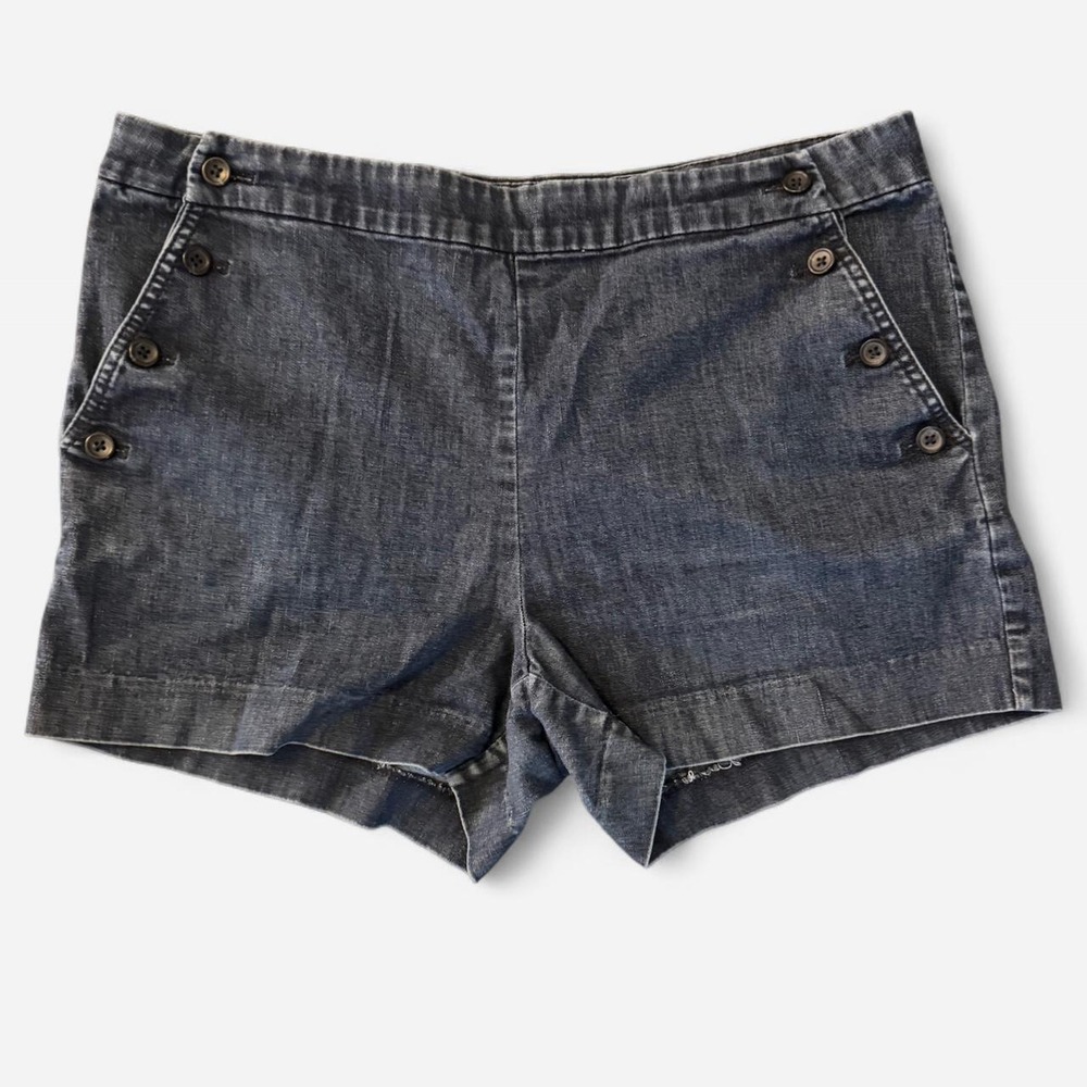 Dark Wash Denim Sailor Shorts Button Front Nautical Mid Rise Blue Shorts